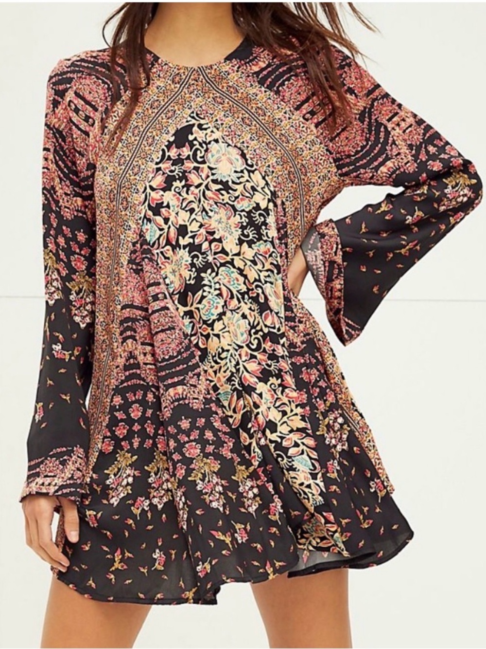 Free People Black Mini Dress with Pink and Cream Floral Print small